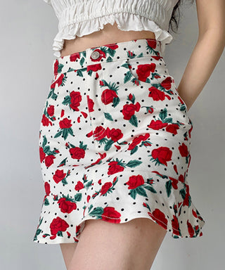Retro Rose Print Ruffle High Waist fishtail Skirt