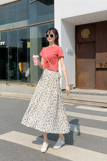 high waist chiffon floral drape long skirt