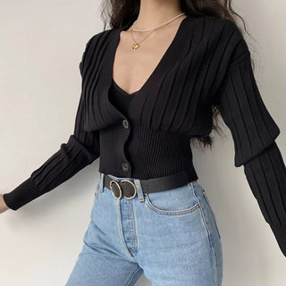 Loose deep v-neck long-sleeve knitted cardigan