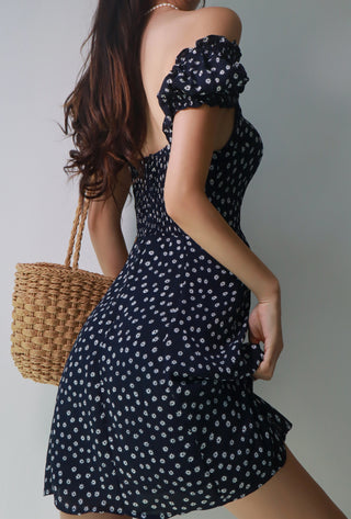 French retro navy blue floral waist slim dress
