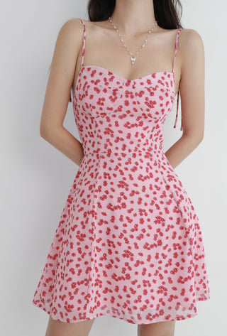 pink floral V-neck slim fit suspender dress