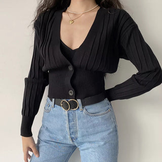 Loose deep v-neck long-sleeve knitted cardigan