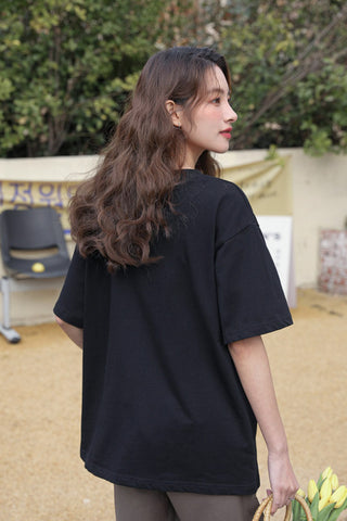 retro black loose embroidery pure cotton T-shirt