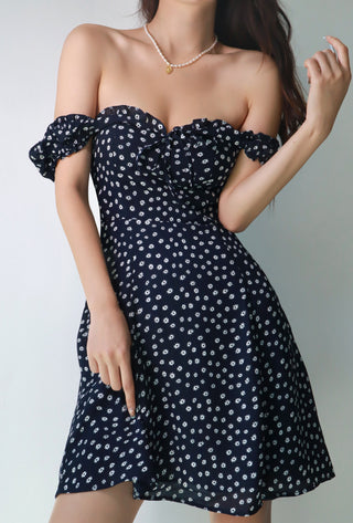French retro navy blue floral waist slim dress
