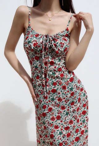 retro floral suspender skirt high waist dress