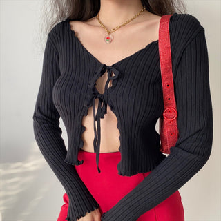wooden ears knitted hollow cardigan