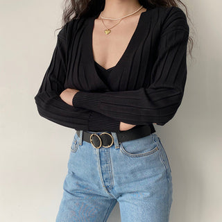 Loose deep v-neck long-sleeve knitted cardigan