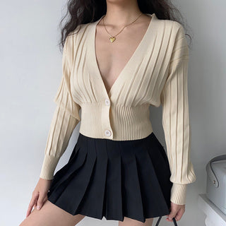 Loose deep v-neck long-sleeve knitted cardigan