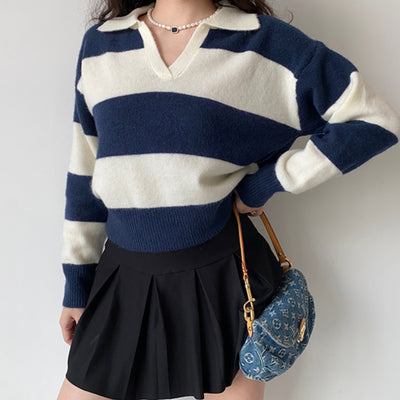 lapel striped loose sweater