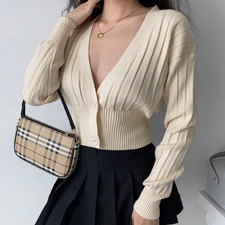 Loose deep v-neck long-sleeve knitted cardigan