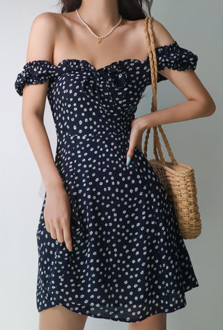 French retro navy blue floral waist slim dress