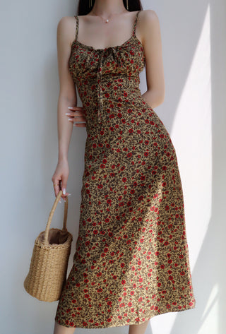 retro floral suspender skirt high waist dress