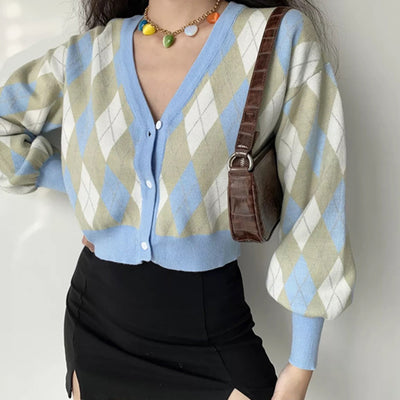 retro v-neck knitted lantern sleeve sweater