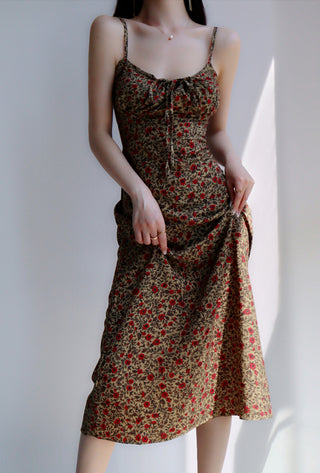 retro floral suspender skirt high waist dress