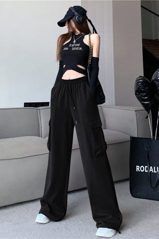 high waist drape straight cargo trousers