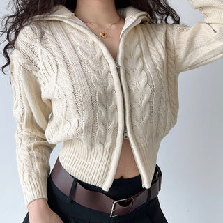 double zipper lapel loose sweater