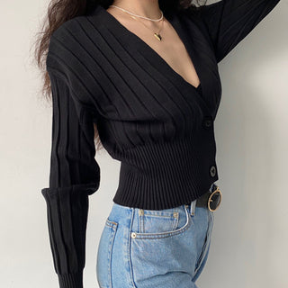 Loose deep v-neck long-sleeve knitted cardigan