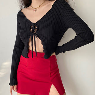 wooden ears knitted hollow cardigan