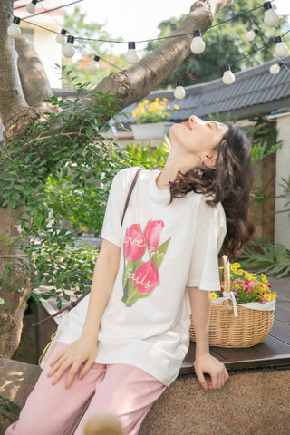 tulip print loose pure cotton t-shirt