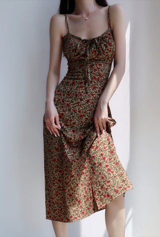 retro floral suspender skirt high waist dress