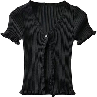 deep V-neck knitted short-sleeved one-button cardigan