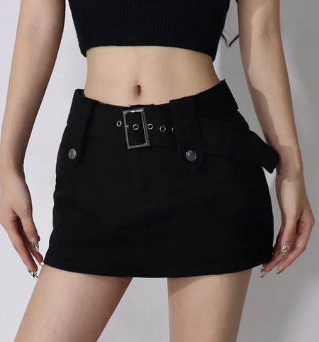 retro wide belt denim mini skirt