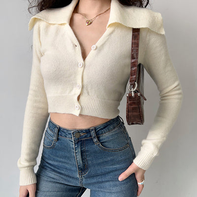 Navy Collar Long Sleeve Knit Slim Cropped Sweater