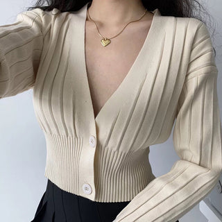 Loose deep v-neck long-sleeve knitted cardigan