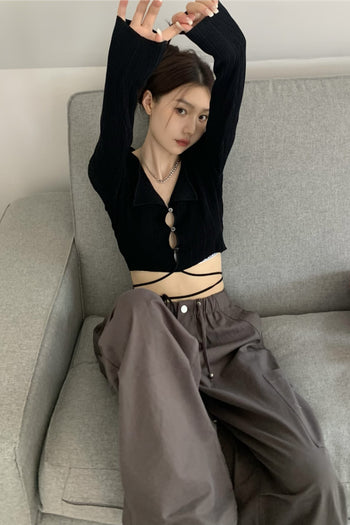 thin long-sleeved knitted short top
