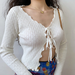 wooden ears knitted hollow cardigan