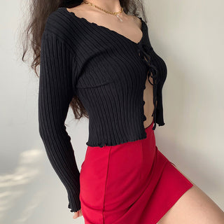wooden ears knitted hollow cardigan