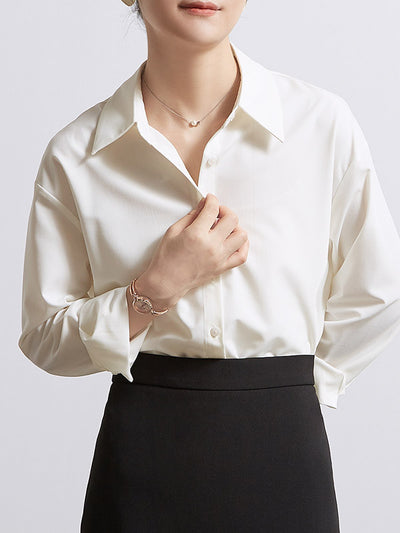 Polo collar long-sleeve white shirt