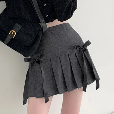 Cute Double Bow A-line Pleated Knitted Skirt