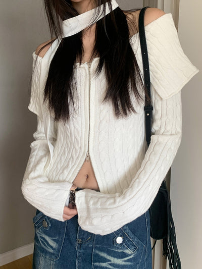 One-shoulder knitted cardigan [double zipper]