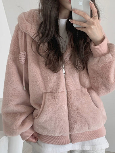 fur coat zip-up hooded sweatshirt
