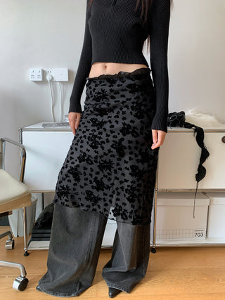 Black floral wrap long skirt