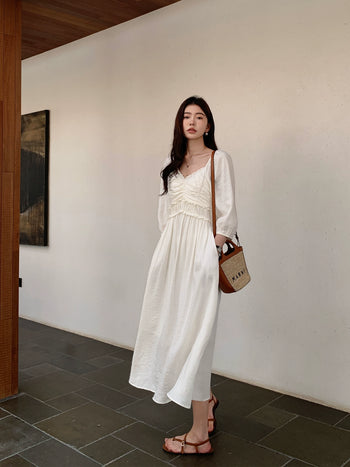 French V-neck puff sleeve long dress