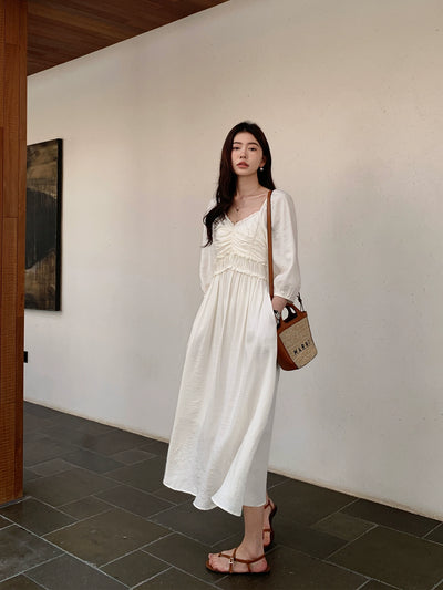 French V-neck puff sleeve long dress