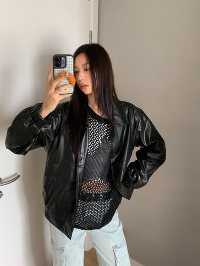 PU leather versatile loose jacket