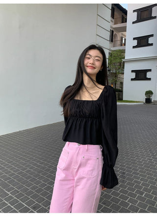 TRUMPET SLEEVE SQUARE COLLAR TOPS