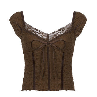 lace panelled bow tie top