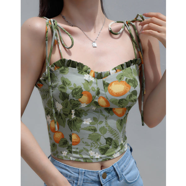 Fresh green flower slim back pleated tie top