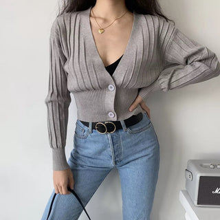 Loose deep v-neck long-sleeve knitted cardigan