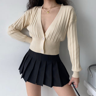 Loose deep v-neck long-sleeve knitted cardigan
