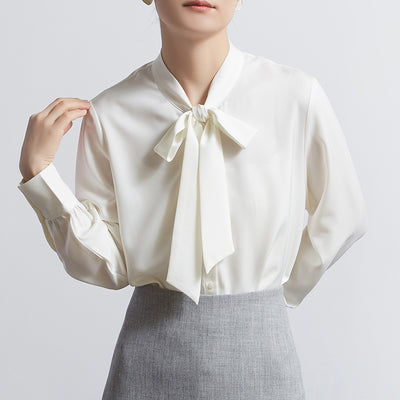 bow ribbon white satin long sleeve shirt
