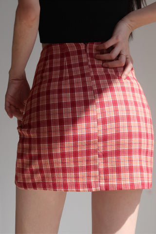 retro double slit high waist red plaid skirt