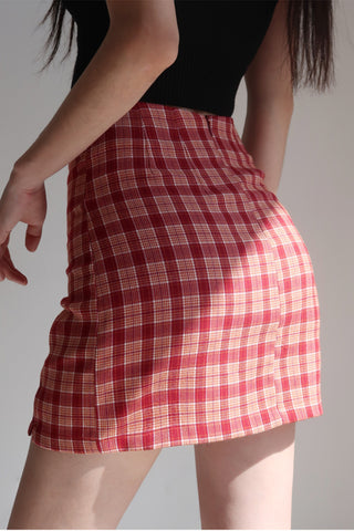 retro double slit high waist red plaid skirt