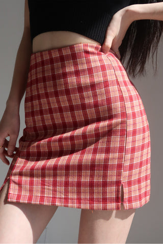 retro double slit high waist red plaid skirt