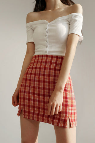 retro double slit high waist red plaid skirt