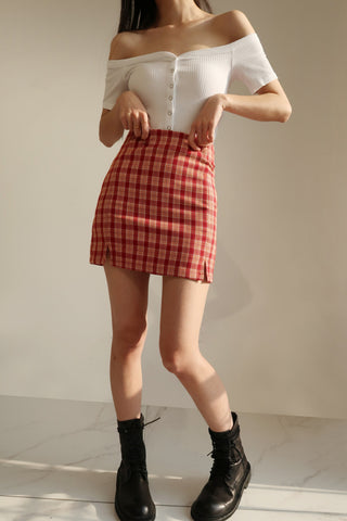 retro double slit high waist red plaid skirt